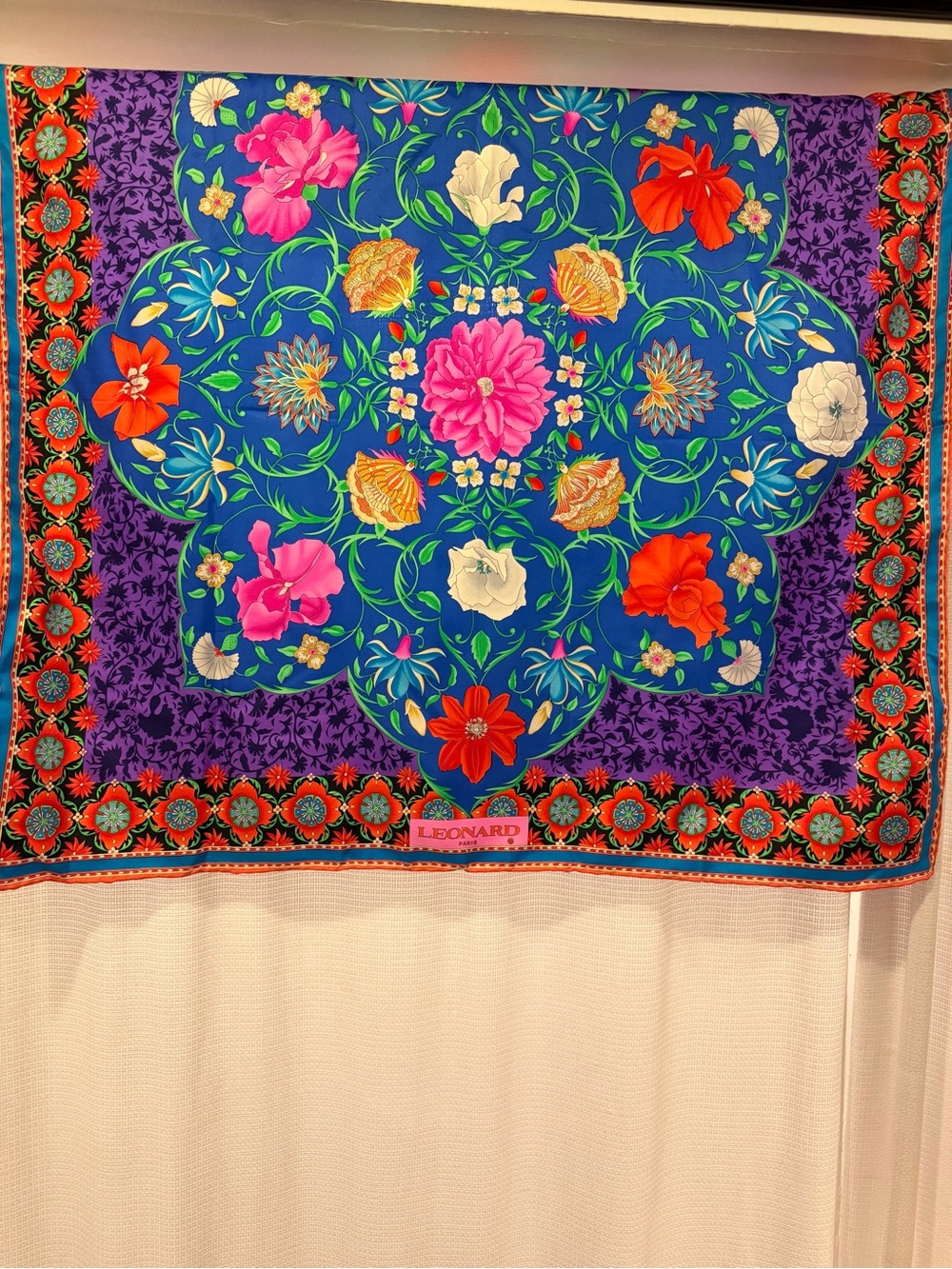 Leonard Paris Vibrant Floral Silk Scarf in Royal Blue & Purple